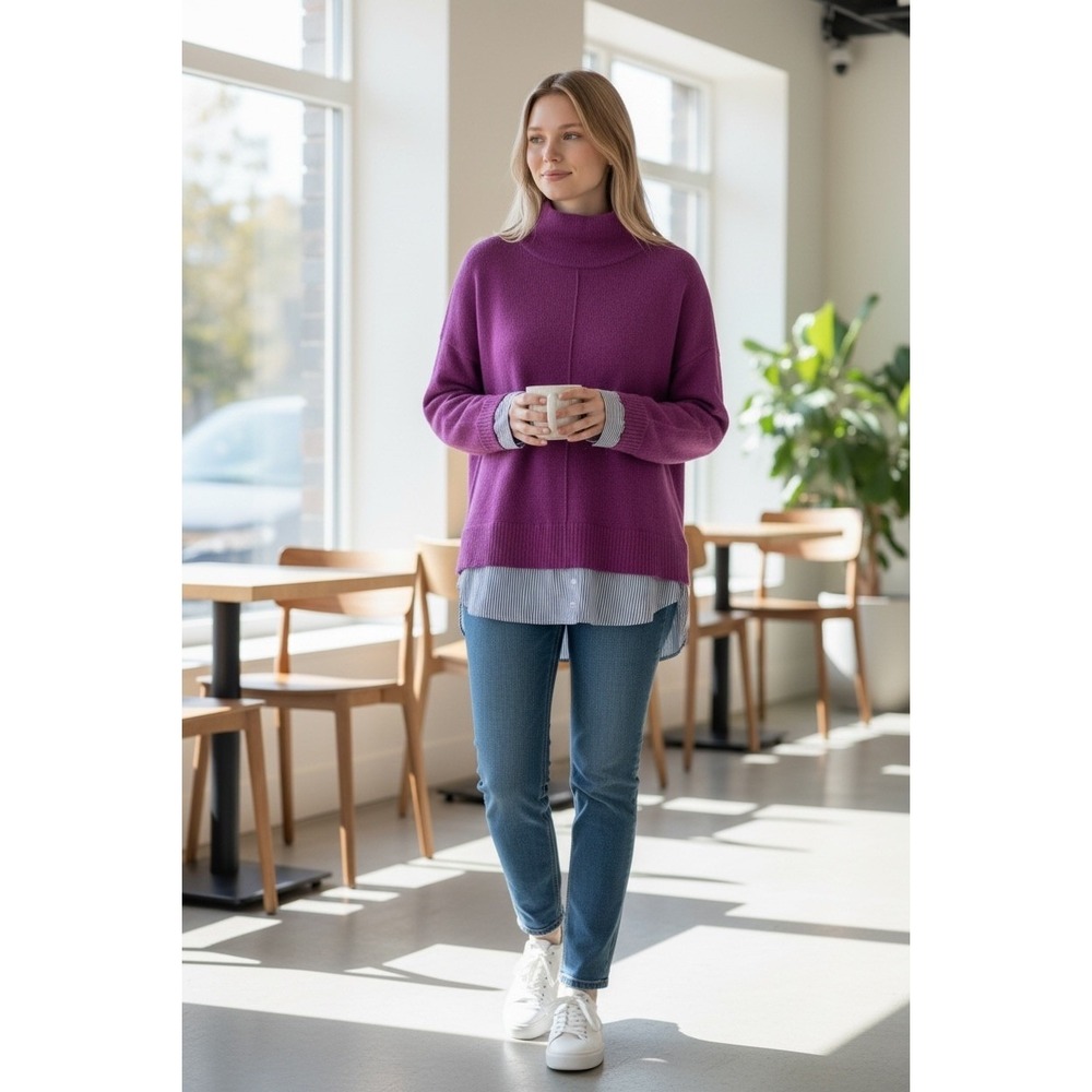 Diane Snyder XL 100% Cashmere Layered Mock Neck Sweater Purple Striped Hem‎